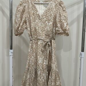 Calvin Klein Beige Printed Puff-Sleeve Wrap Midi Dress